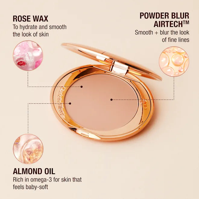 Compact powder with features highlighted on a beige background