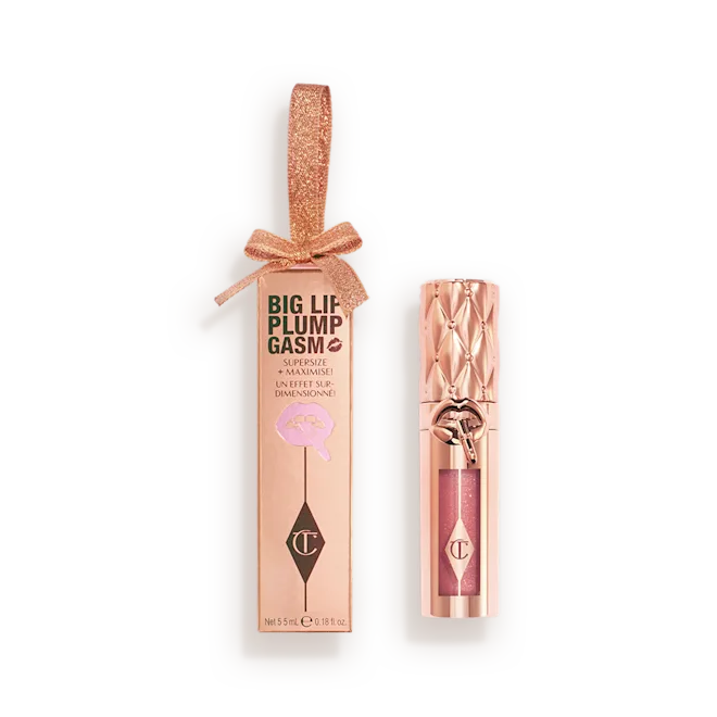 Charlotte Tilbury Big Lip Plumpgasm lip gloss and matching rose gold gift box with ribbon bow, premium lip product available at Darling Lux.