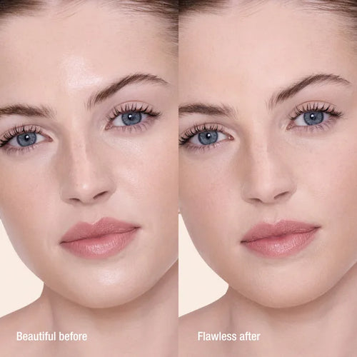 Before and after comparison of a woman's face with text labels 'Beautiful before' and 'Flawless after'.