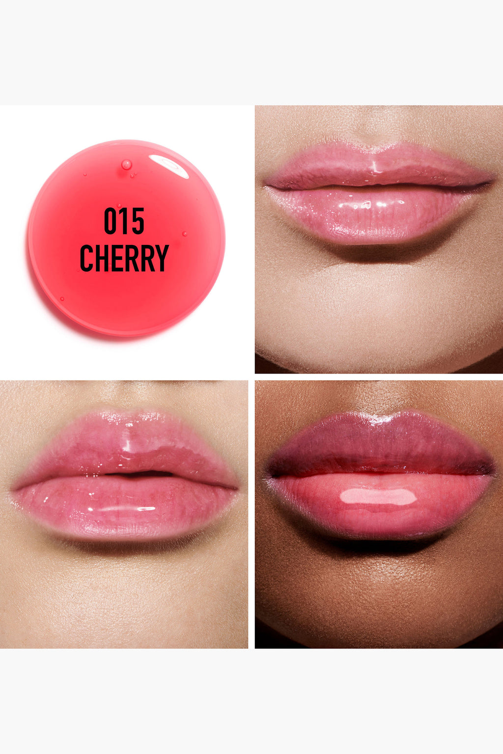 Lipstick shade 015 Cherry shown on a white background with close-up of lips wearing the color. Addict Glow Oil cherry 015 - lips