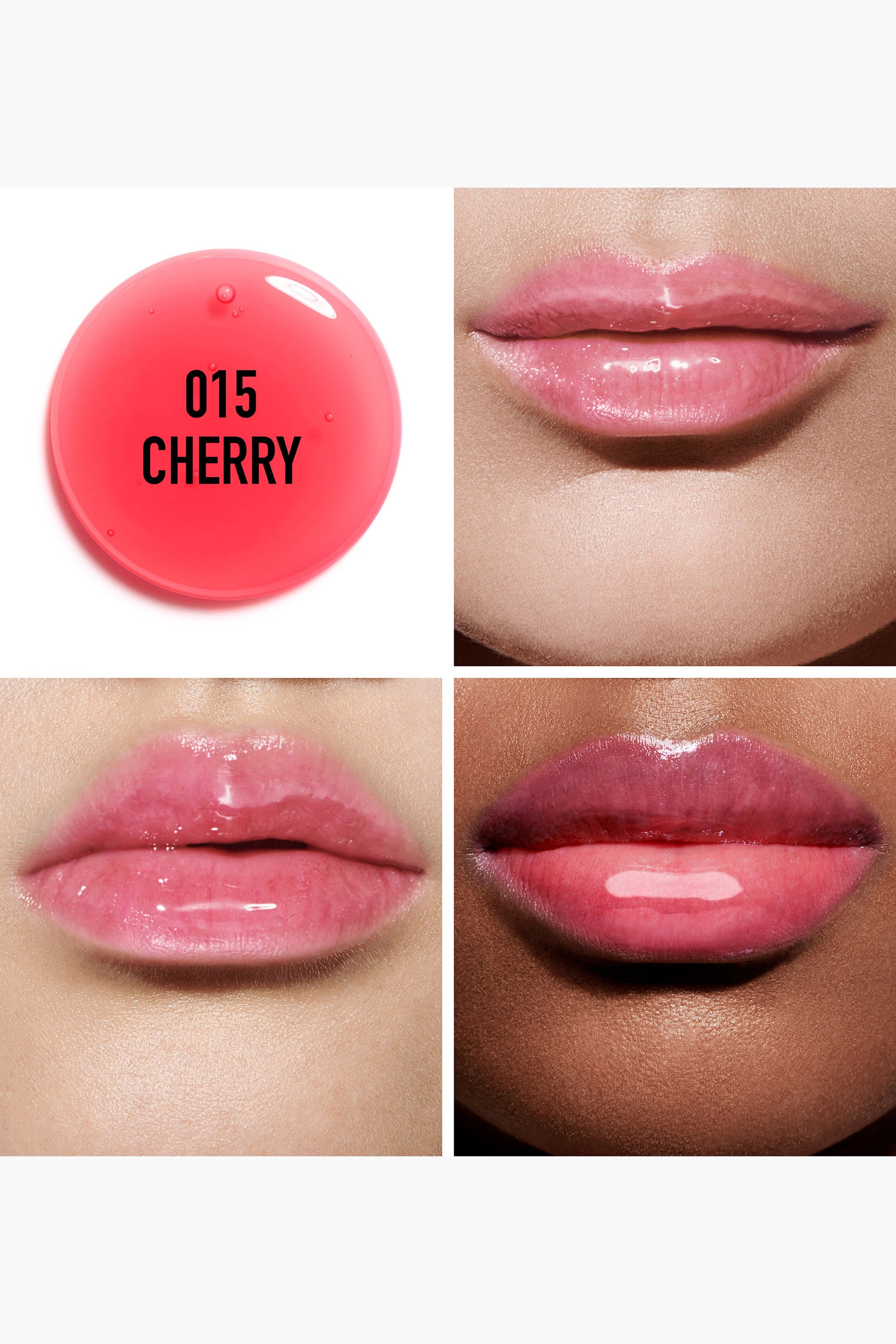 Lipstick shade 015 Cherry shown on a white background with close-up of lips wearing the color. Addict Glow Oil cherry 015 - lips