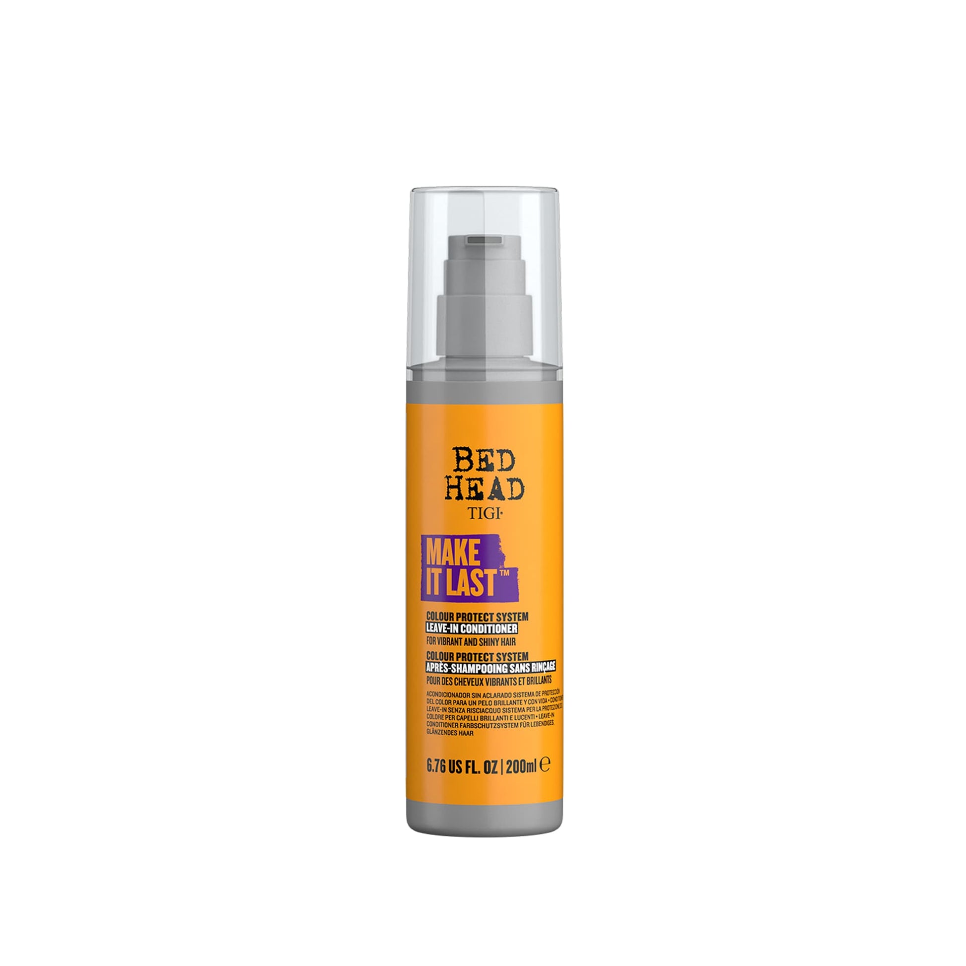 Hair care product bottle with orange label on a white background
