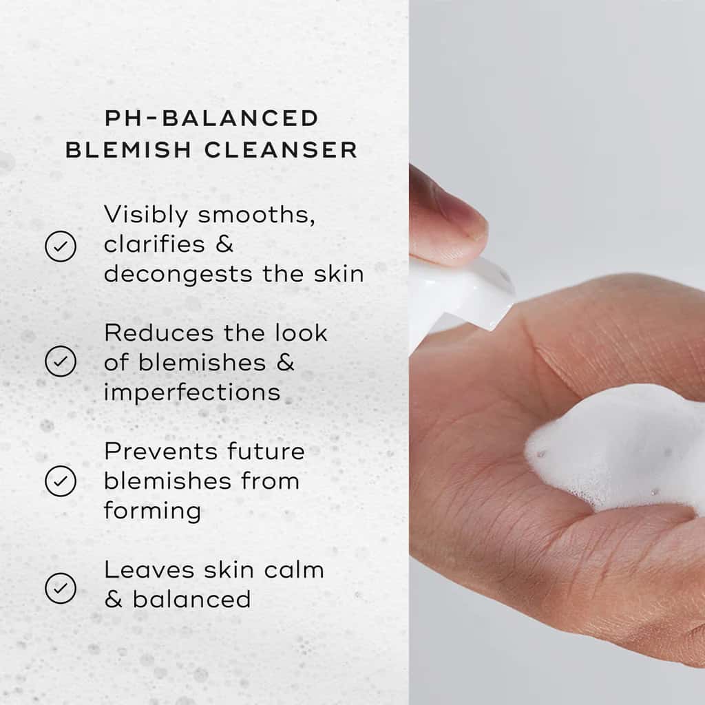 PH-Balanced Blemish Cleanser with text on benefits and a hand holding the product.