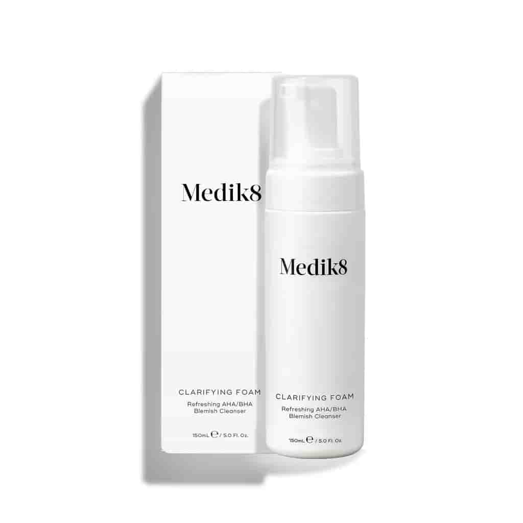 Medik8 clarifying foam bottle and packaging on a white background