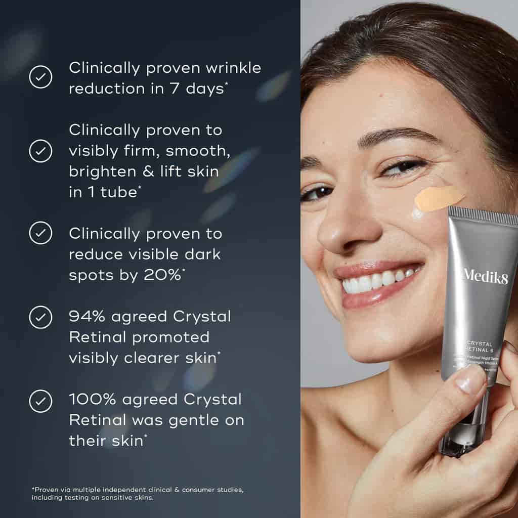 Woman holding a skincare product with text about clinical proven benefits on a dark background