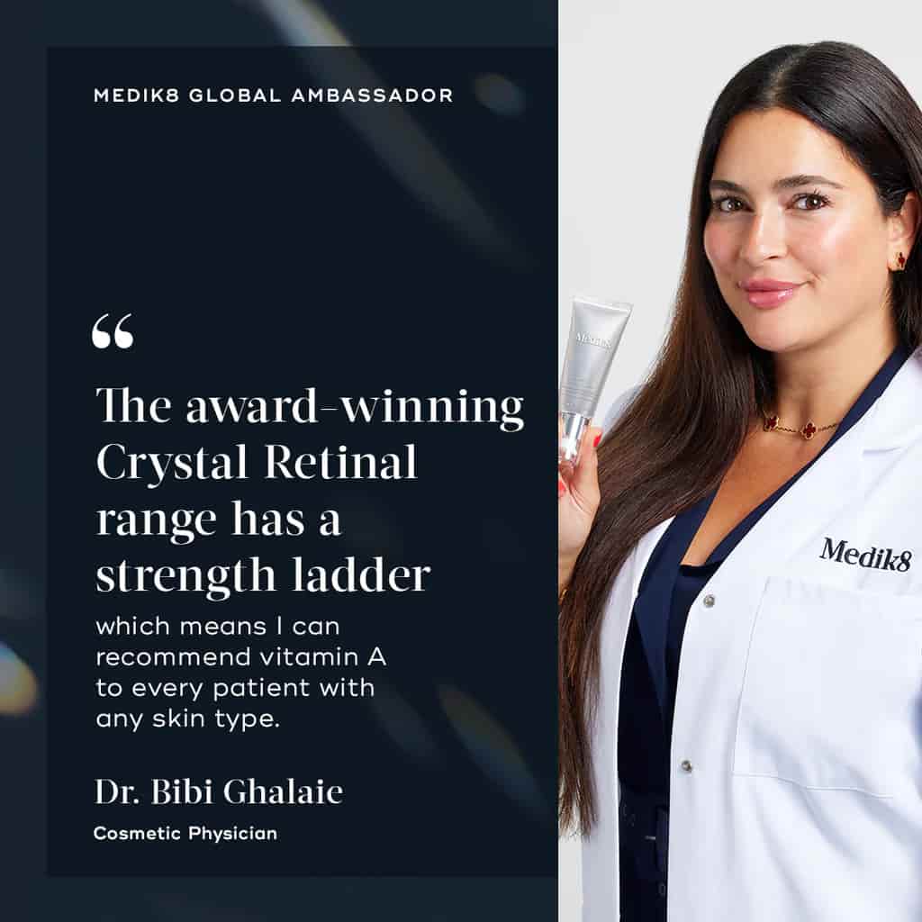 Woman in a white coat with text about Medik8 Global Ambassador and Crystal Retinal range.