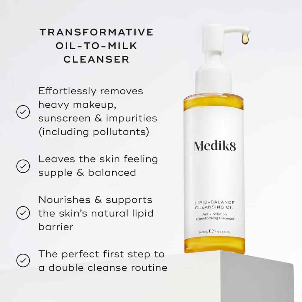 Medik8 oil-to-milk cleanser bottle with text on a white background