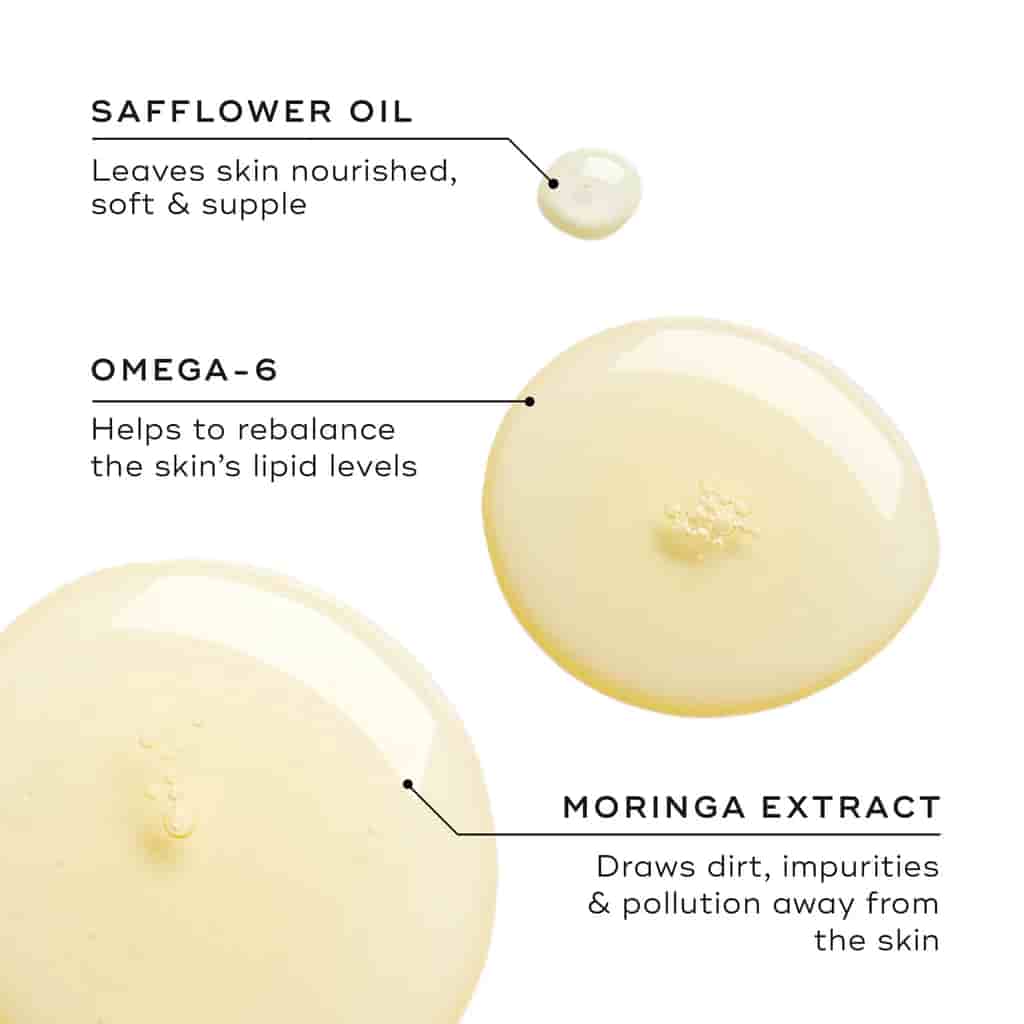 Illustration of safflower oil droplets with labels for safflower oil, omega-6, and moringa extract on a white background.Medik8 Lipid Balance Cleansing Oil 140ml