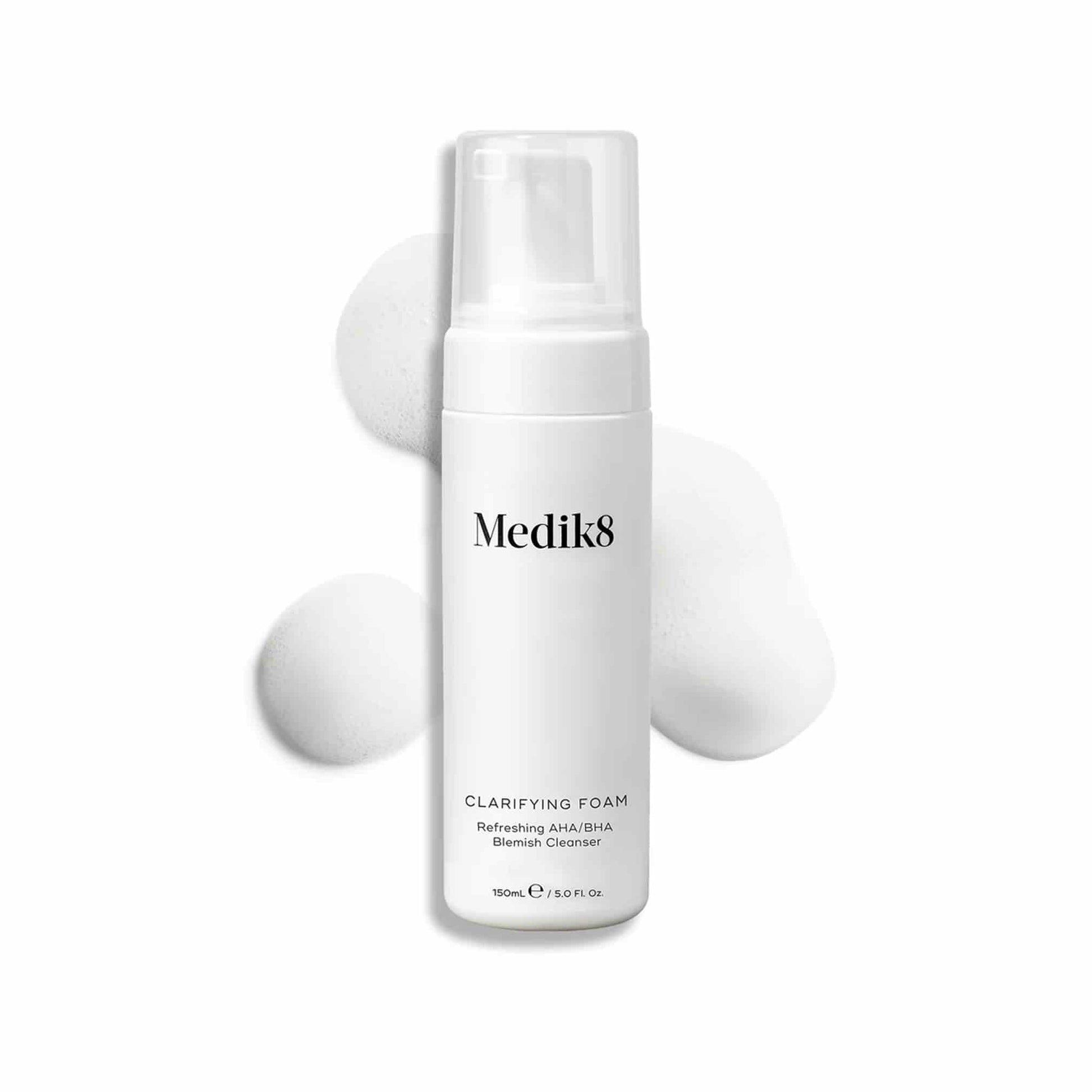 Medik8 clarifying foam bottle on a white background