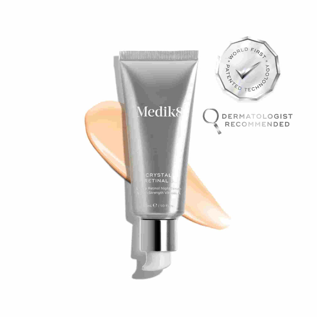 Medik8 skincare product with a dermatologist recommended badge on a white background