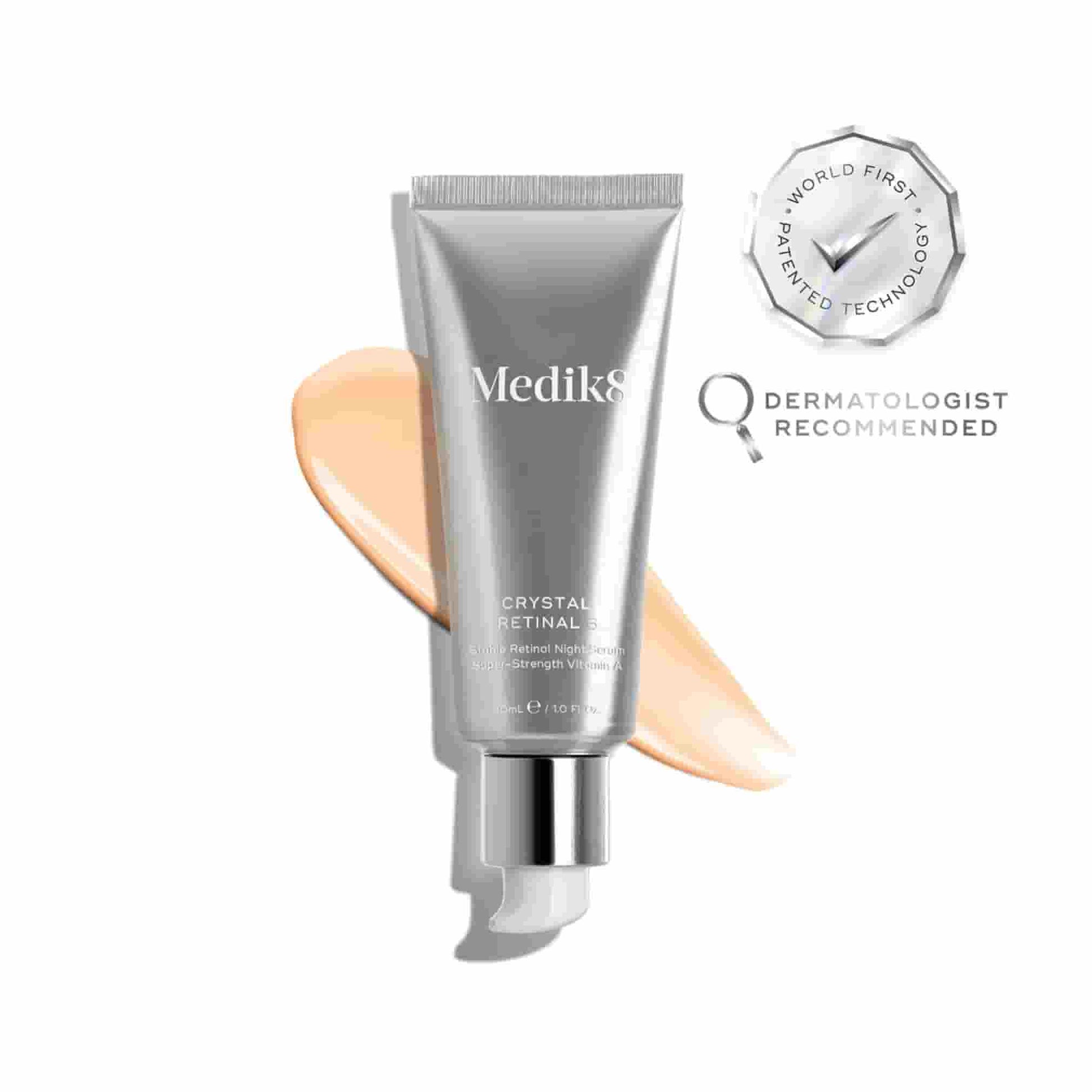 Medik8 skincare product with a dermatologist recommended badge on a white background