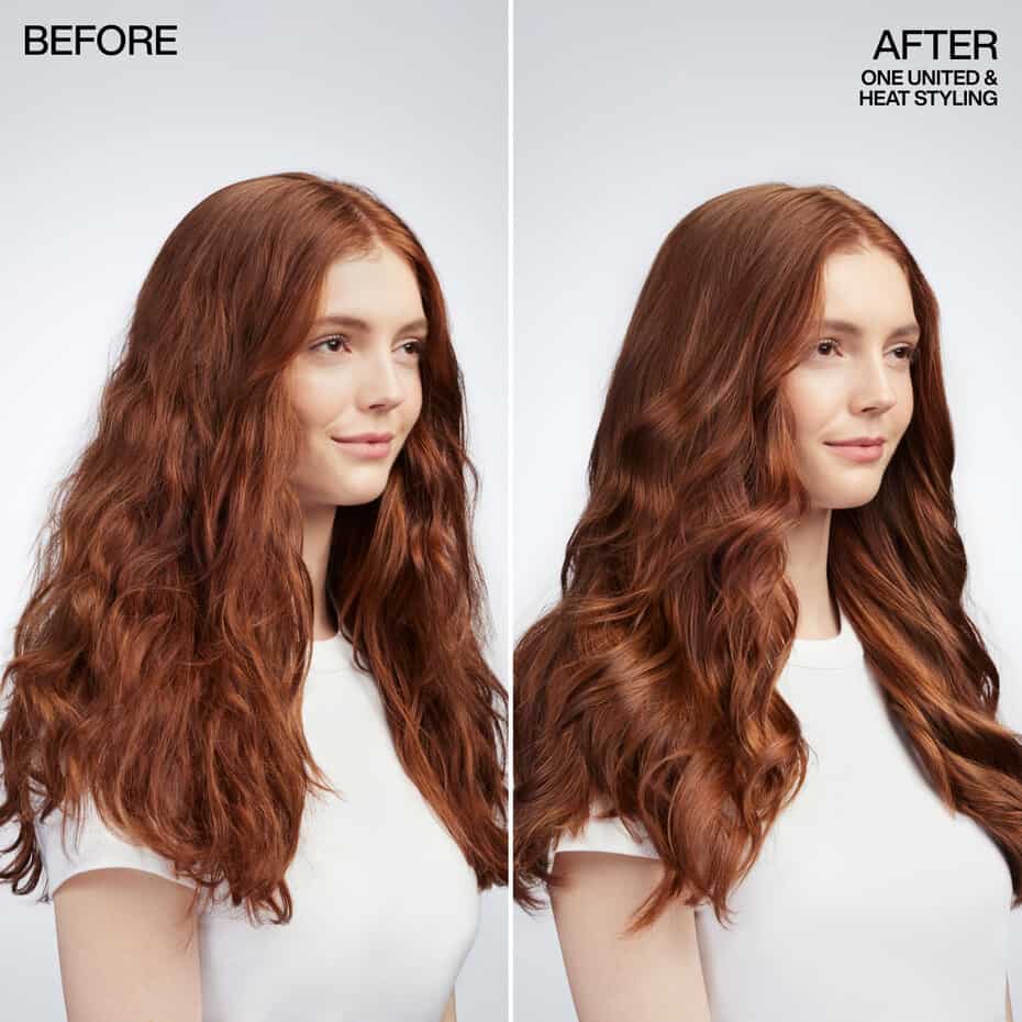 Before and after comparison of hair styling with a woman's face on a plain background.