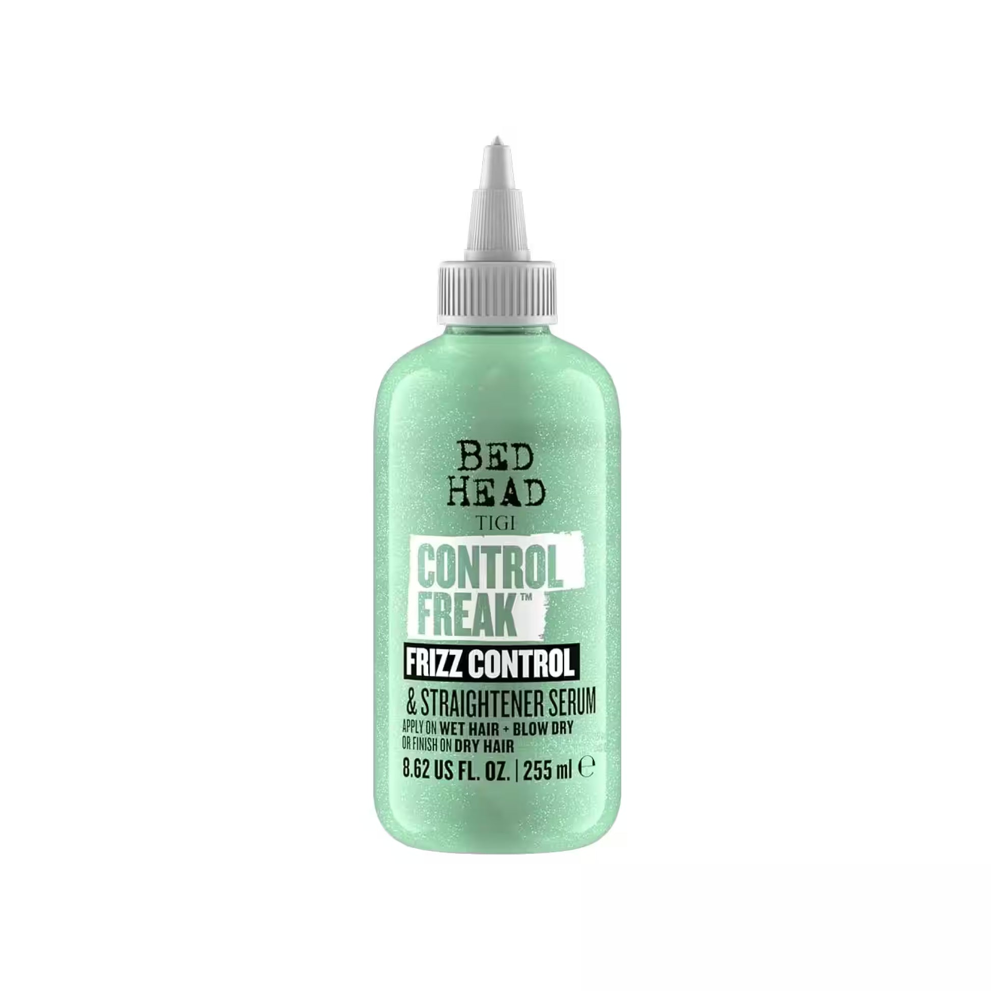 Green 255ml bottle of Bed Head TIGI Control Freak Frizz Control & Straightener Serum with nozzle cap