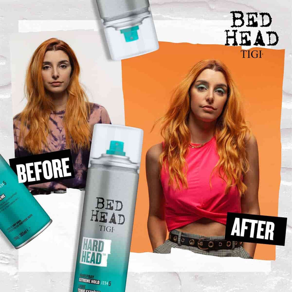 Before and after comparison of a woman's hair using TIGI Bed Head product.