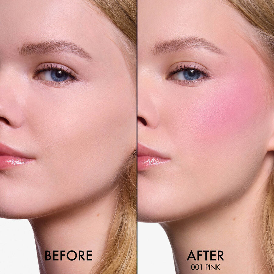 Before and after comparison of a woman's face with blush application on cheek.