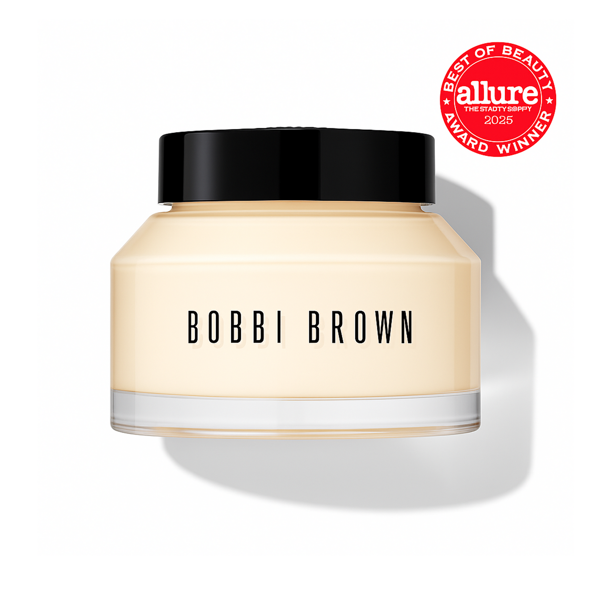 Bobbi Brown cream jar with a black lid on a white background, featuring the Allure Best of Beauty award.