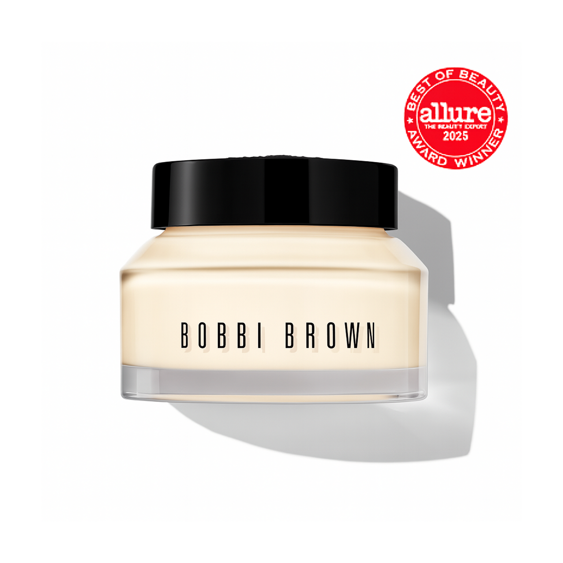 Bobbi Brown cream jar with black lid on a white background, featuring Allure Best of Beauty award badge.