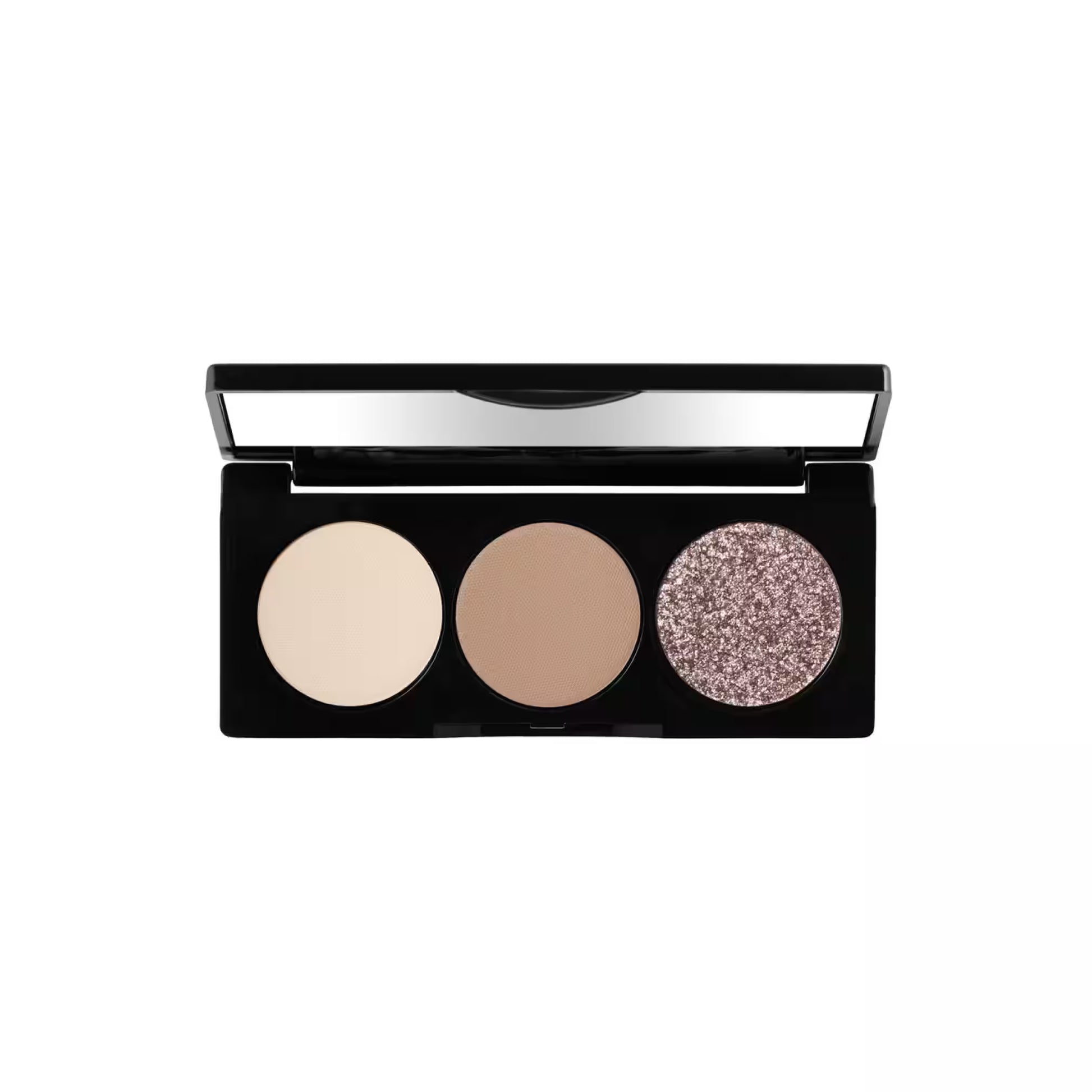 Bobbi Brown eyeshadow palette with three shades – matte cream, matte taupe, and shimmering rose gold glitter in sleek black compact.