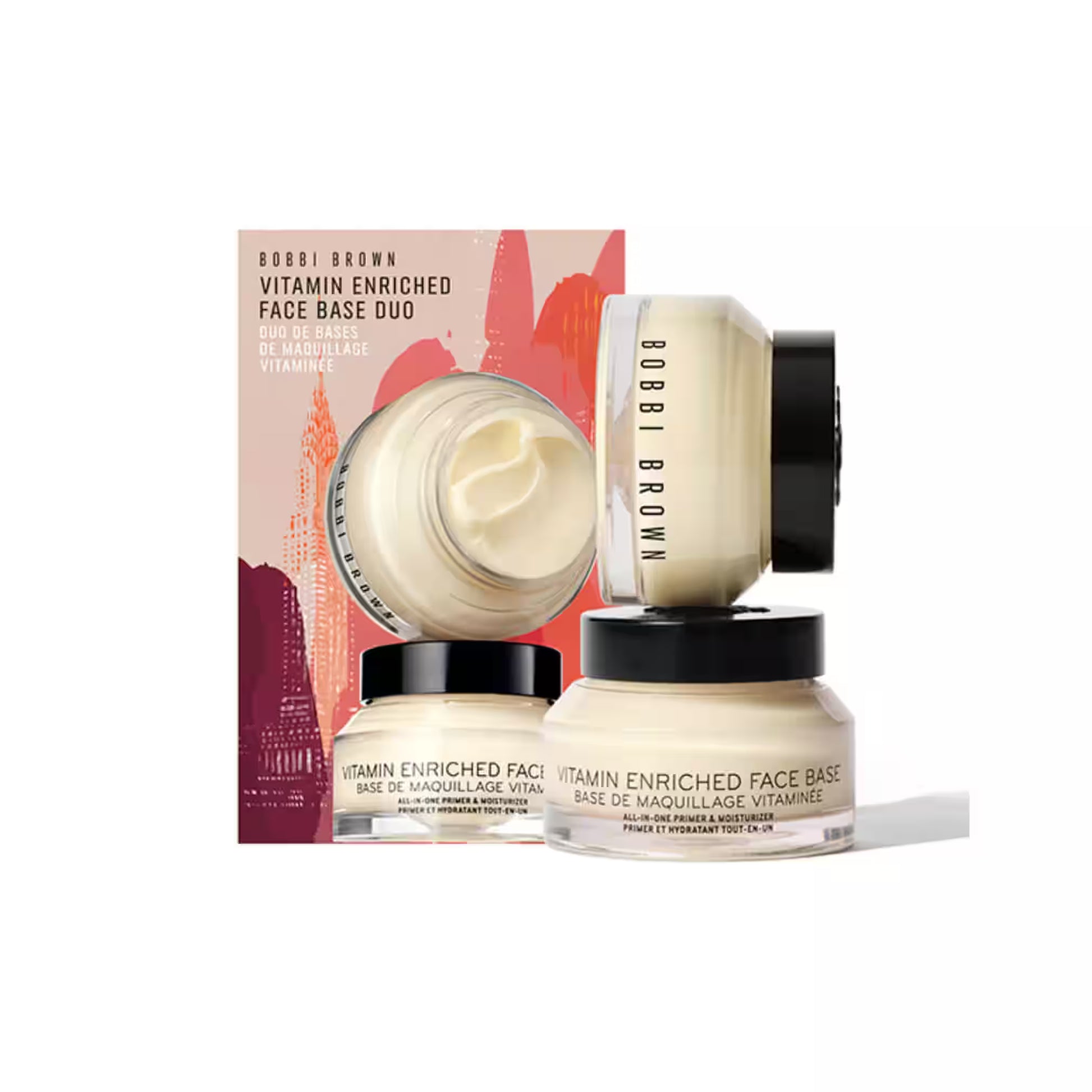Bobbi Brown Party Prep Vitamin Enriched Face Base Duo – two hydrating priming moisturizers in sleek travel-friendly jars.