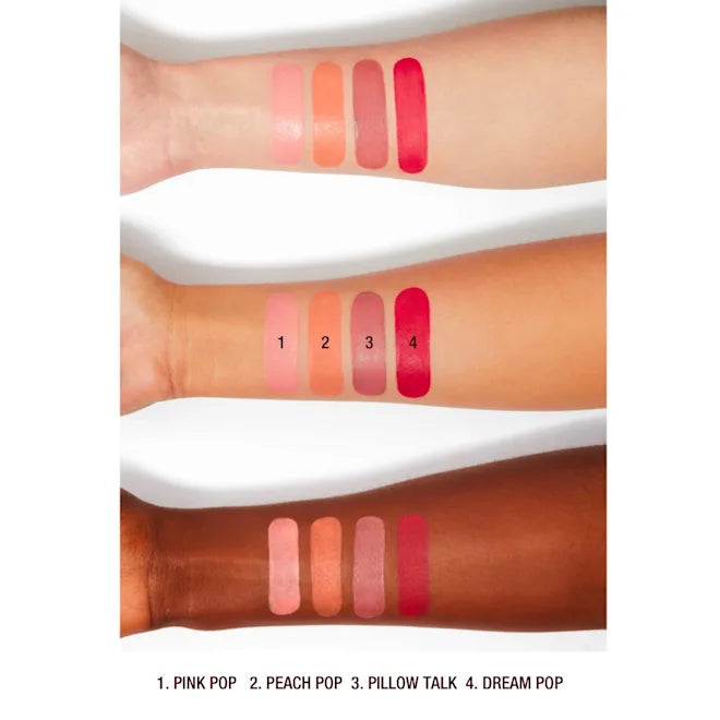 Charlotte Tilbury Matte Beauty Blush Wand swatches in shades Pink Pop, Peach Pop, Pillow Talk, and Dream Pop shown on different skin tones