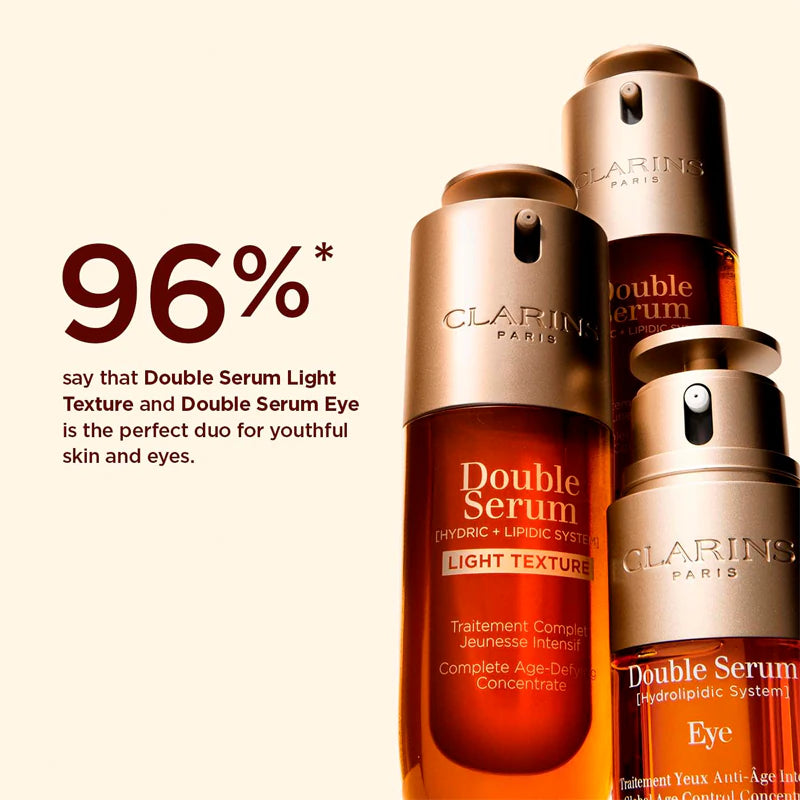 Promotional image showing three Clarins Double Serum Light Texture bottles with text reading ‘96% say the Double Serum Light Texture and Double Serum Eye is the perfect duo for youthful skin and eyes.