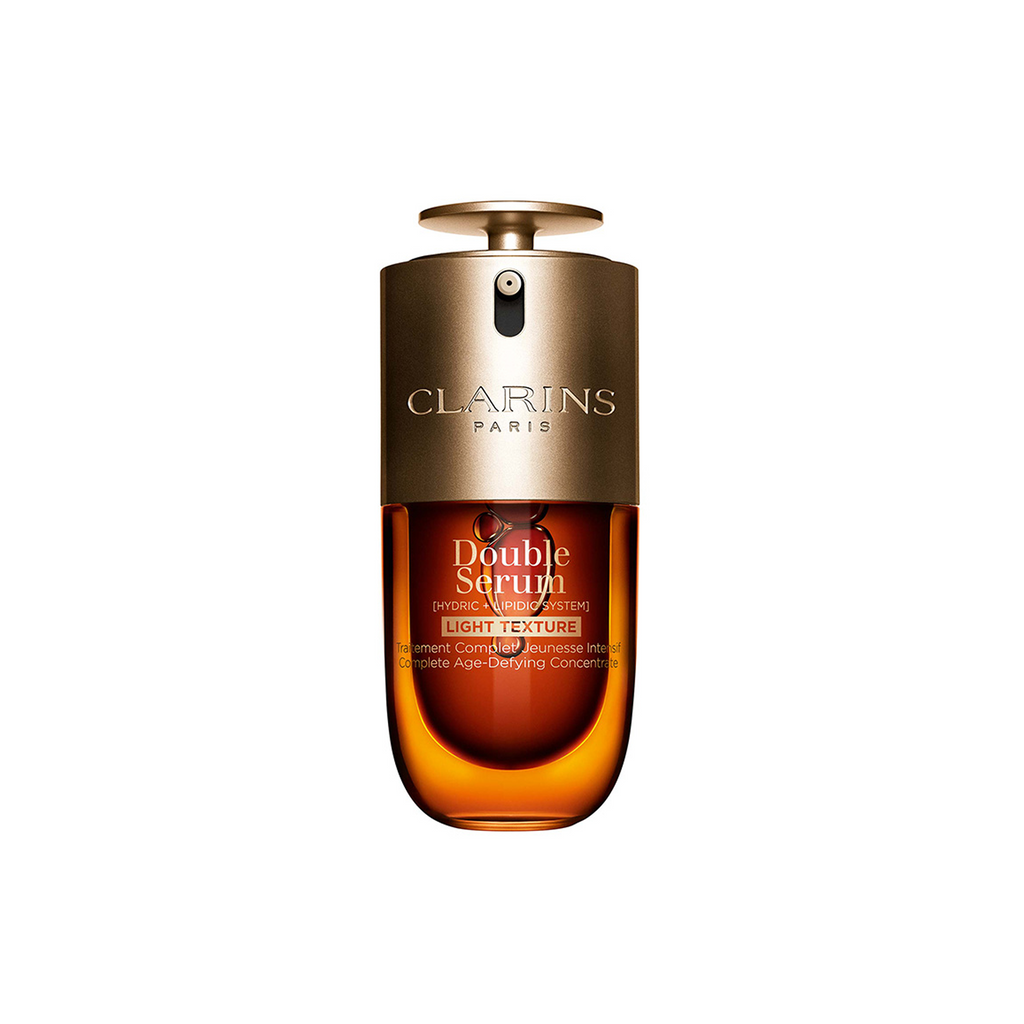 Image of Clarins Double Serum Light Texture in its dual-chamber gold and amber bottle, centered on a plain white background.