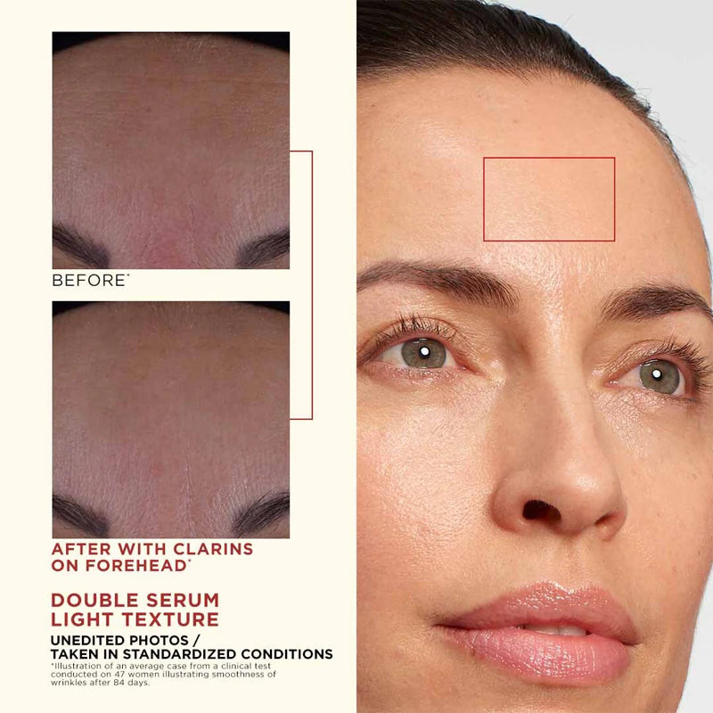 Before and after comparison of a woman’s forehead showing reduced wrinkles after using Clarins Double Serum Light Texture, with unedited clinical test photos taken under standardized conditions.