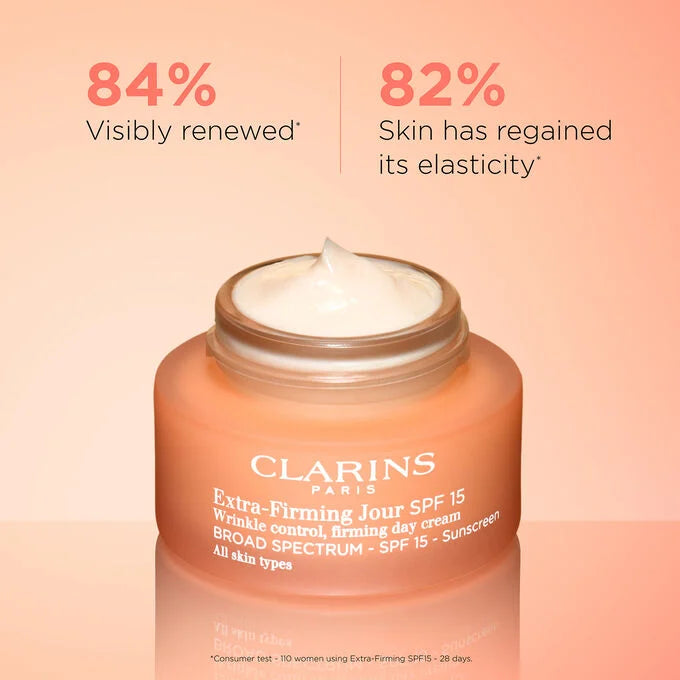 Promotional image of Clarins Extra-Firming Jour SPF 15 day cream jar with open lid and visible cream, shown on a peach background with text claiming 84% visibly renewed skin and 82% improved elasticity