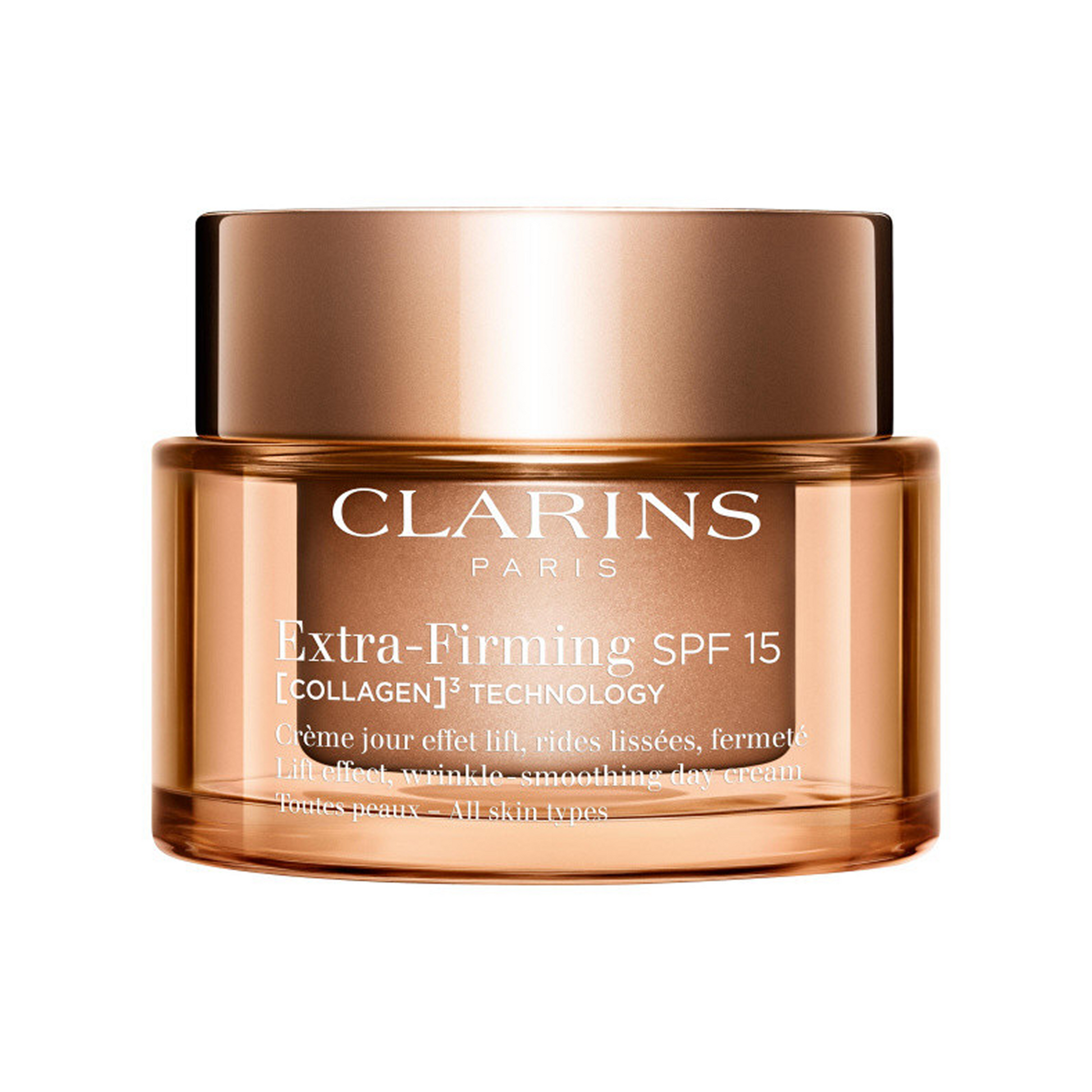 Clarins Extra-Firming SPF 15 day cream jar in gold packaging, showing the product label with Collagen³ technology, photographed against a white background