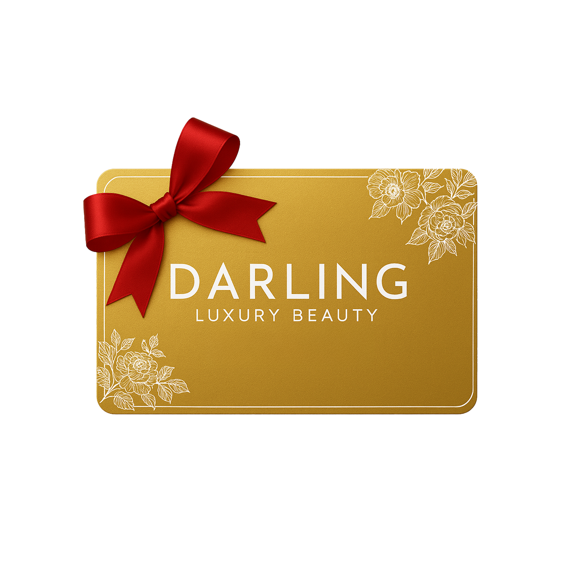 Gold gift card with a red bow and 'Darling Luxury Beauty' text on a white background