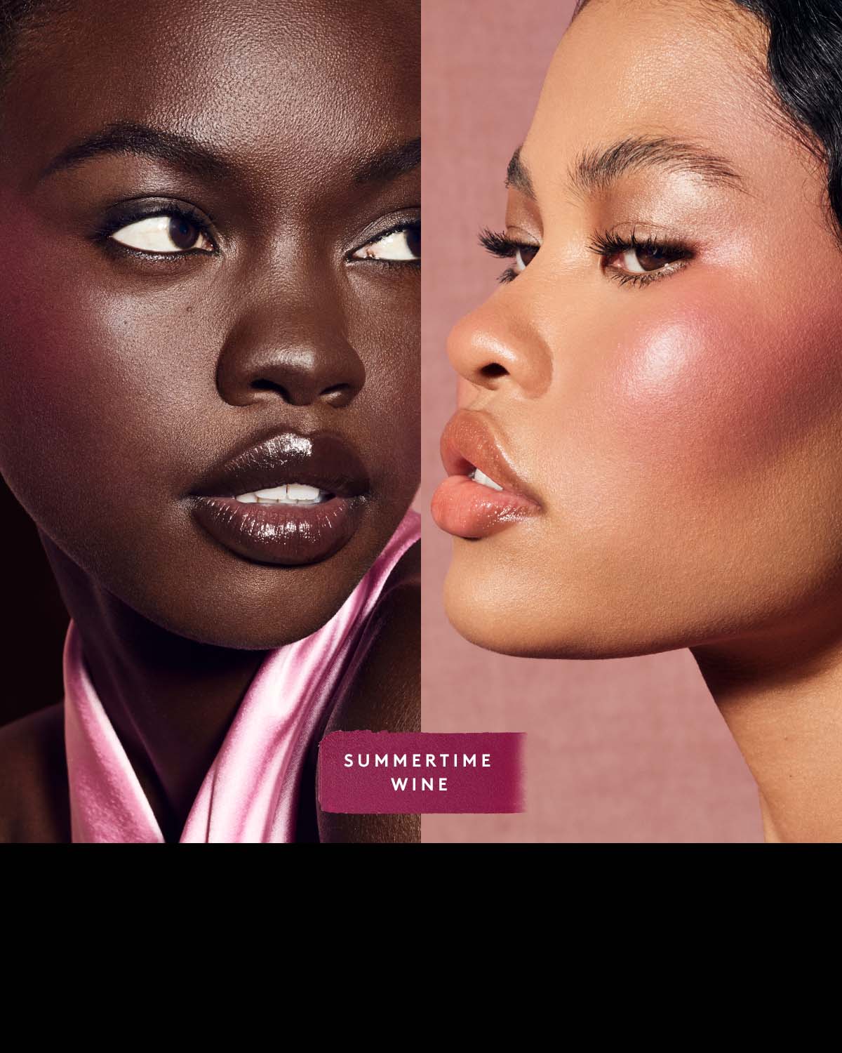 Two women with different skin tones, labeled 'Summertime Wine', on a pink background.