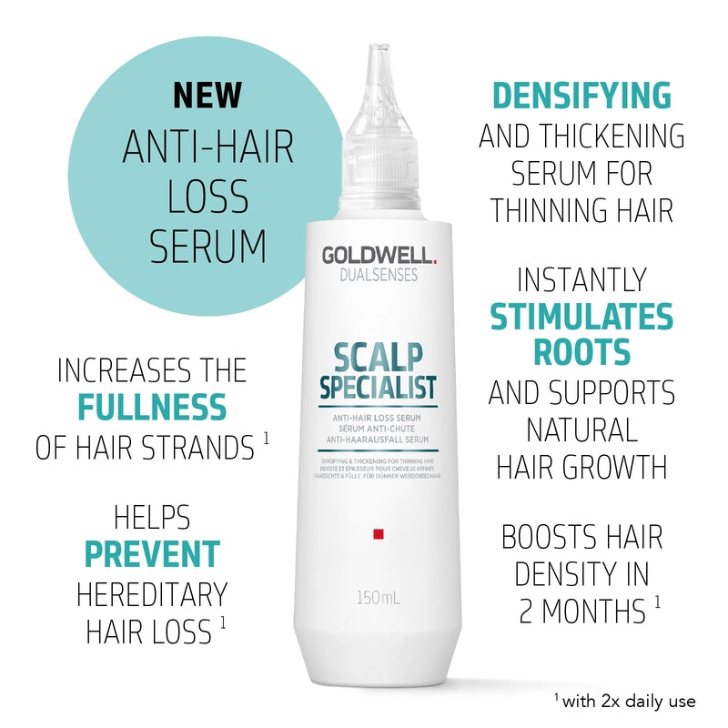 Goldwell Scalp Specialist anti-hair loss serum bottle with product features on a white background