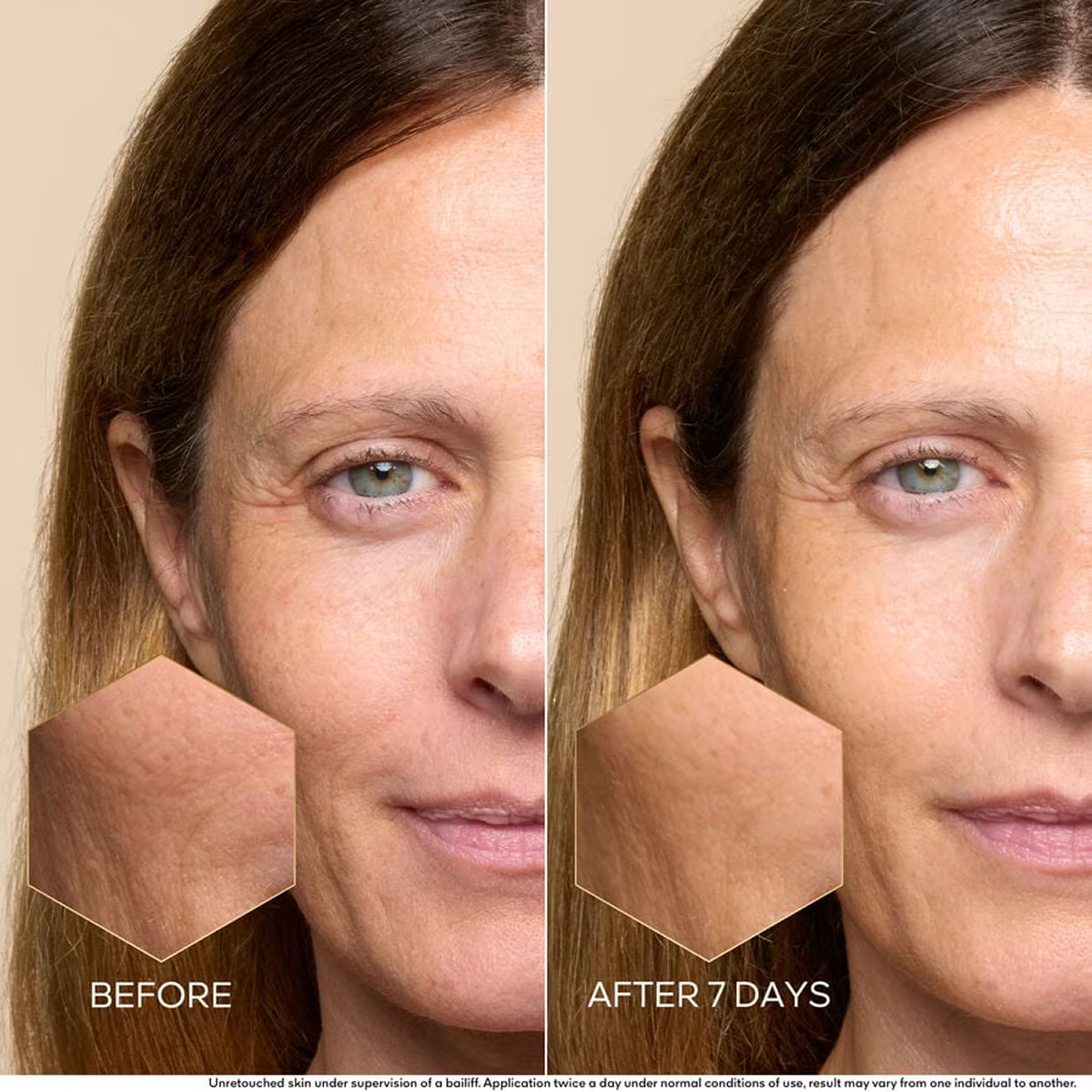 Close-up of a model’s face with a dropper applying Guerlain Abeille Royale Youth Watery Oil Serum to the cheek, showing golden microbeads inside the serum.