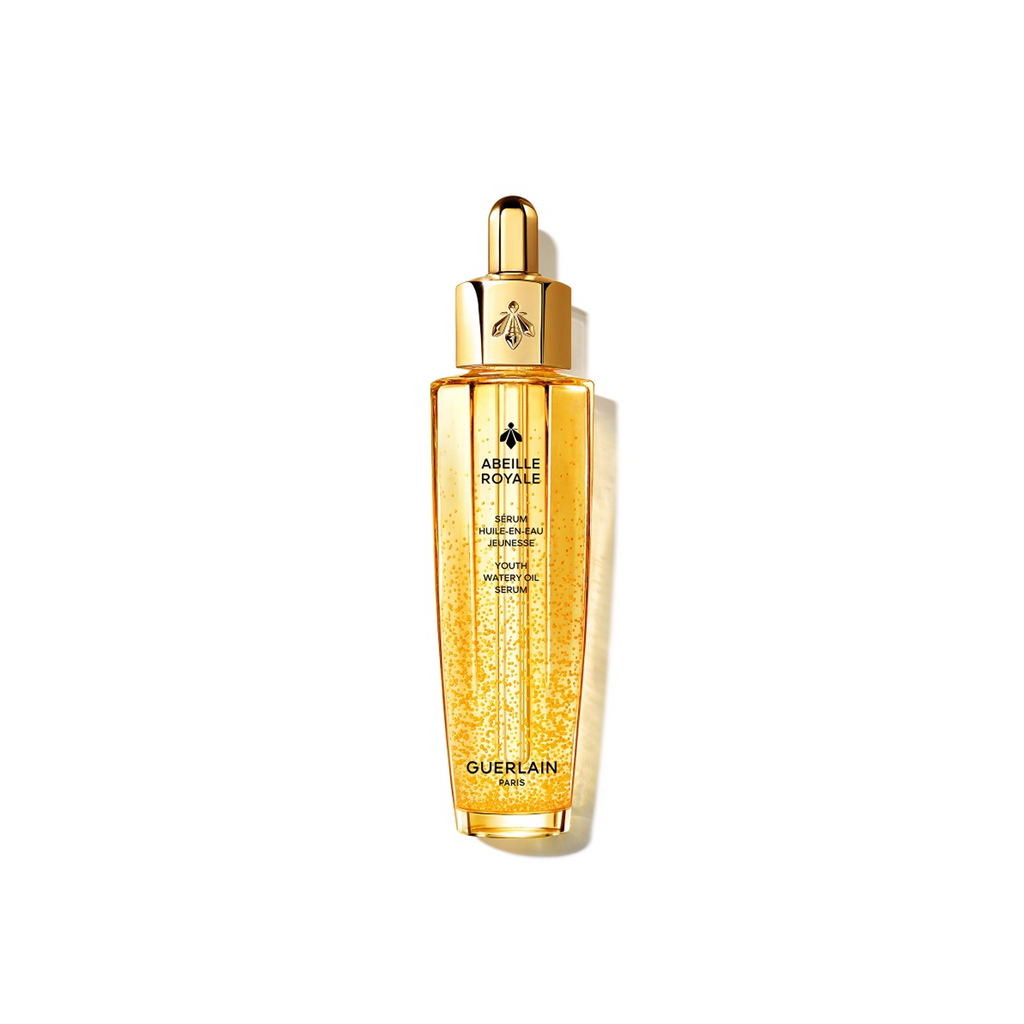 Guerlain Abeille Royale Youth Watery Oil Serum shown in a reflective gold bottle with dropper and suspended golden beads inside, centered on a white background.
