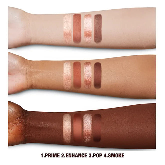 Swatches of makeup products on different skin tones with color labels.