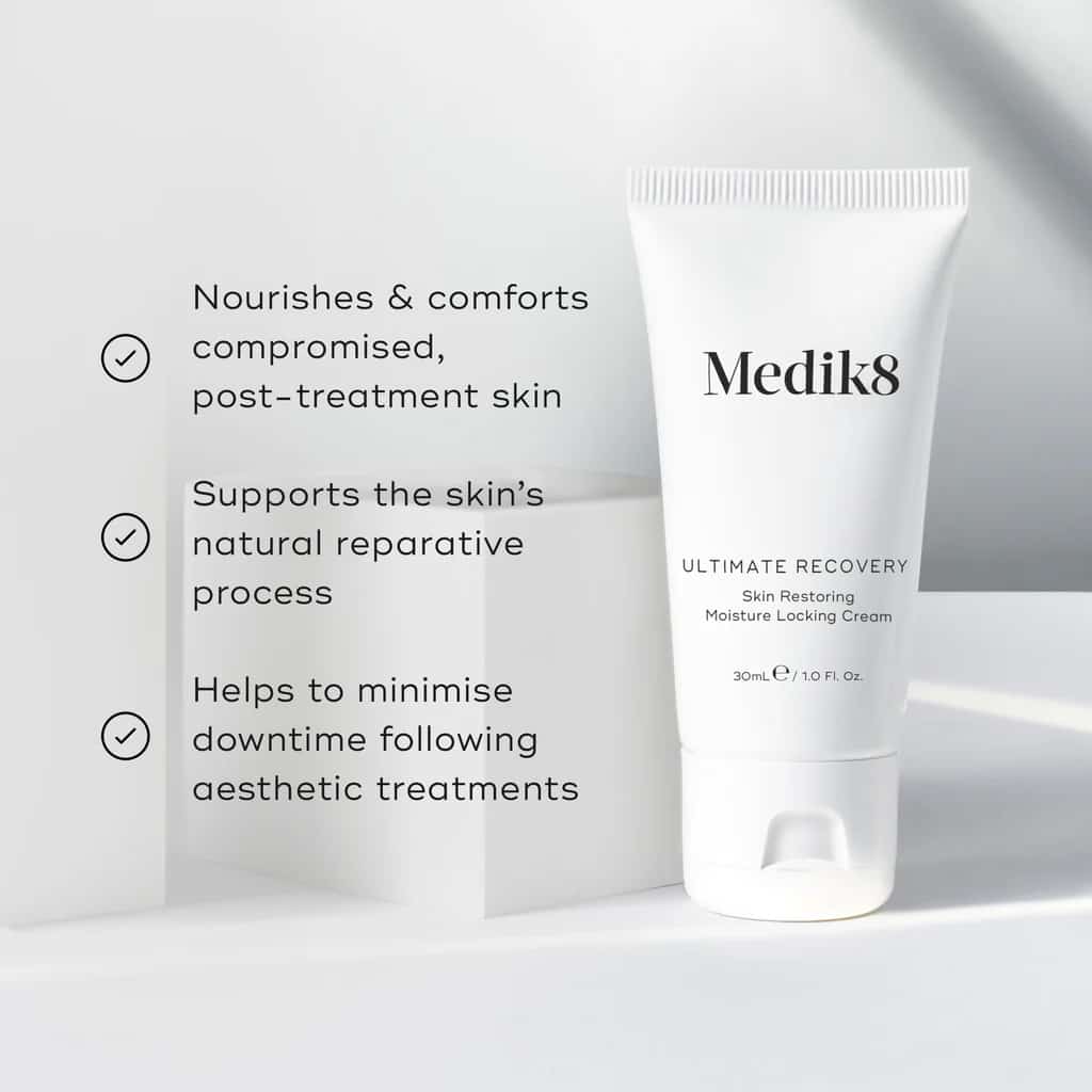 Medik8 skincare cream with product description text on a light background