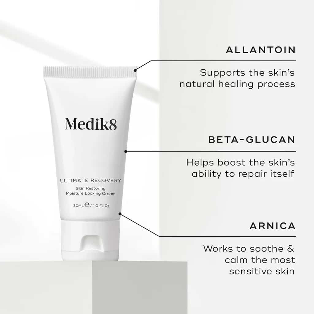 Medik8 skincare product with text about Allantoin, Beta-Glucan, and Arnica benefits on a white background