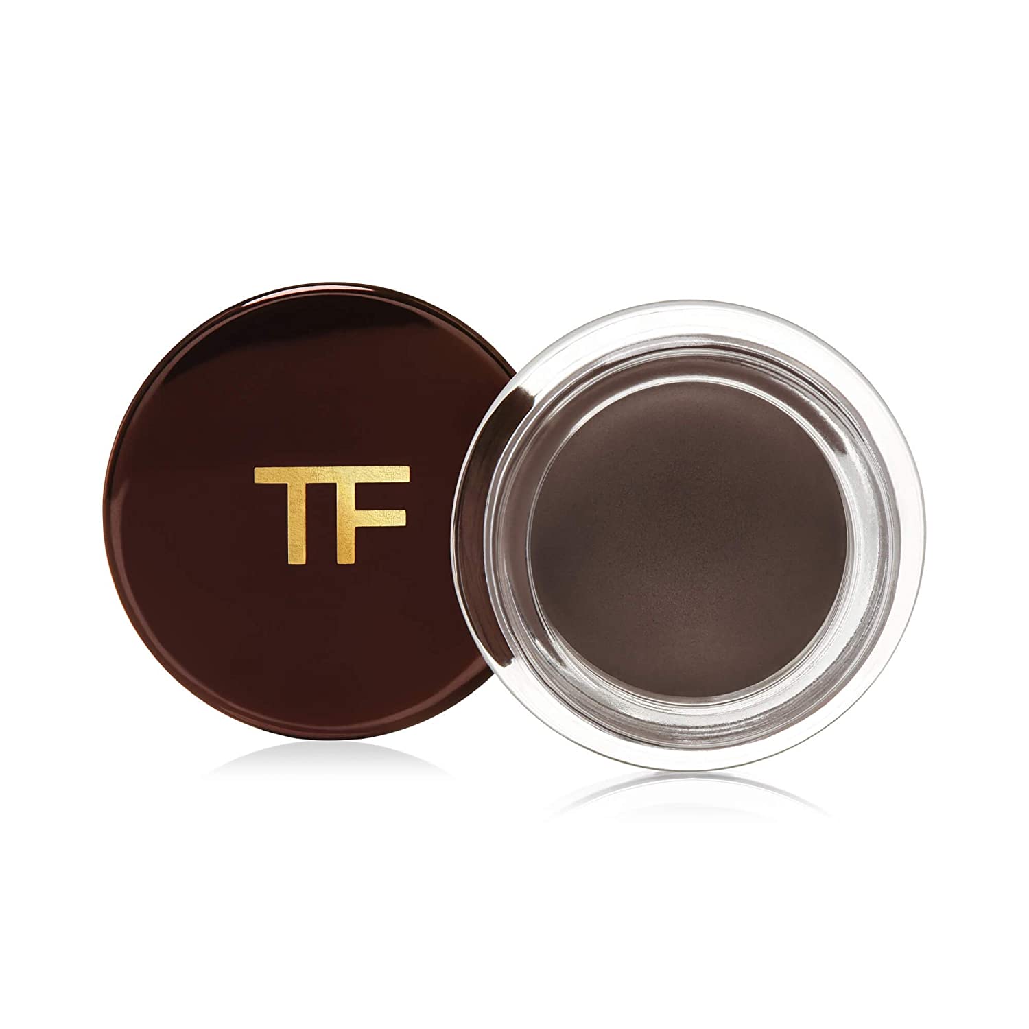Open container of brown cosmetic cream with 'TF' logo on a white background